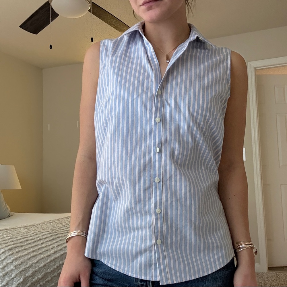 Eddie Bauer Light Blue and White Striped Sleeveless Shirt